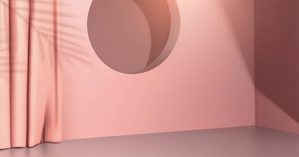 3d minimal pink scene design with curtain, hole and leaf shadows. Background suitable for cosmetic or spa product display. - Вектор,изображение