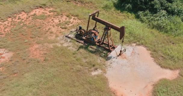Um macaco bomba em um campo de canola em Oklahoma um poço de petróleo bombear jack bombeando combustíveis de petróleo bruto - Filmagem, Vídeo