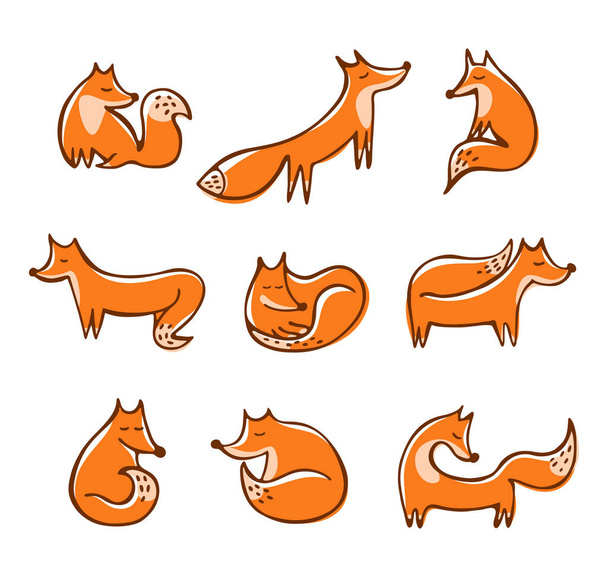 Set van schattige rode doodle vossen in verschillende poses - Vector, afbeelding