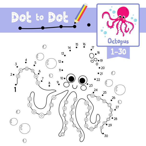 Dot to dot educational game and Coloring book of Magenta Octopus animals cartoon character for preschool kids activity about learning counting number 1-30 and handwriting practice worksheet. Vector Illustration. - Vecteur, image
