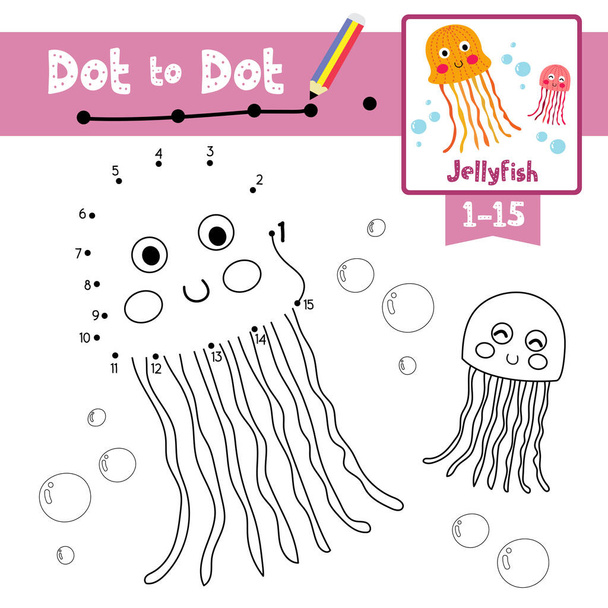 Dot to dot educational game and Coloring book of Pink and orange Jellyfish animals cartoon character for preschool kids activity about learning counting number 1-15 and handwriting practice worksheet. Vector Illustration. - Vector, imagen