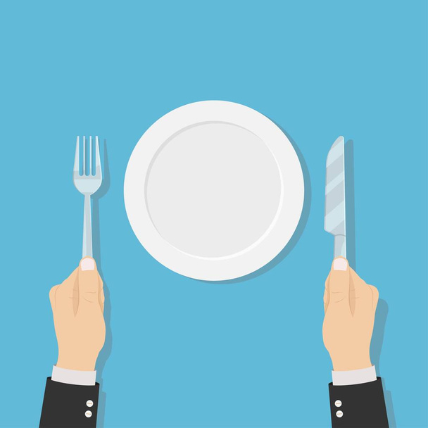 Hände halten Gabel und Messer mit leerem Teller. Design der Logo-Vorlage für Restaurants oder Cafés. Ansicht von oben. Warten auf Essen Ikone. Vektorillustration - Vektor, Bild