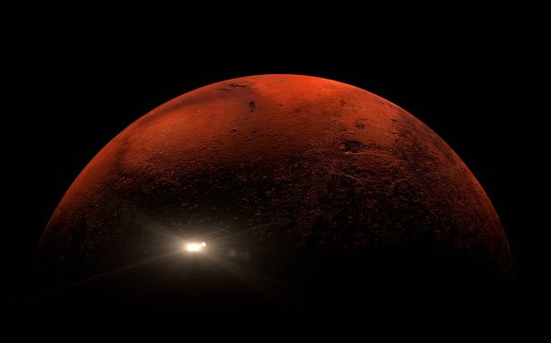 Small satellite highlighted by the sun travelling across the face of the planet Mars which is in deep shadow concept. - Photo, image