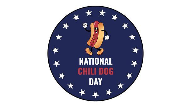 Nemzeti Chili Dog Nap Július 29. Rajzfilm hot dog mustárral, felirattal. Amerikai chilis kutya vektor illusztráció. Étel koncepció. National Chili Dog Day poszter, kártya, banner szöveges inspirációval. - Vektor, kép