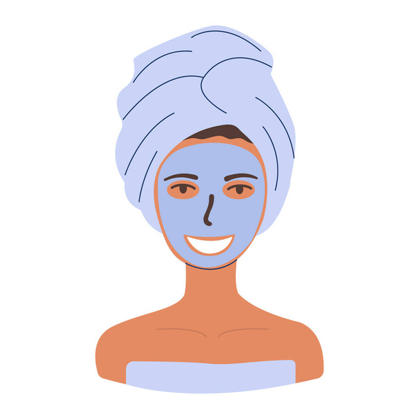flache Vektor-Cartoon-Illustration einer Frau mit einem Handtuch auf dem Kopf und einer Maske auf dem Gesicht. isoliertes Design auf weißem Hintergrund. - Vektor, Bild