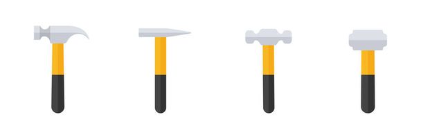 Conjunto de ícone de martelo. Coleção hummer preto e amarelo em estilo plano. Grupo de ferramentas de reparo de trabalho. Ilustração vetorial isolada sobre branco. - Vetor, Imagem
