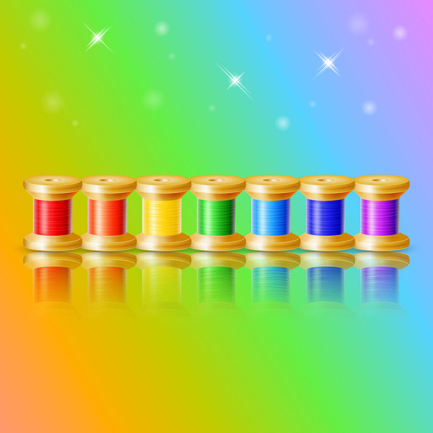 Realistic set of multi-colored spools of thread with mirror reflection on a colored background - Vector, Image
