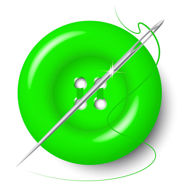 Vektor isolierter grüner Knopf für Kleidung, Nadel und Faden auf weißem Hintergrund. Realistische Vektorillustration. - Vektor, Bild