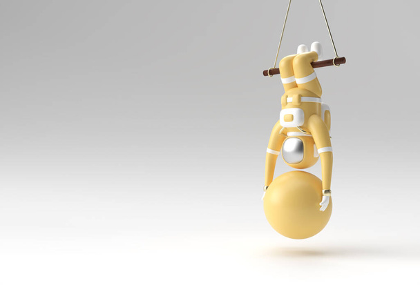 Astronauta colgando de la cuerda con la bola de estabilidad haciendo ejercicios, ilustración de la representación 3d.. - Foto, imagen