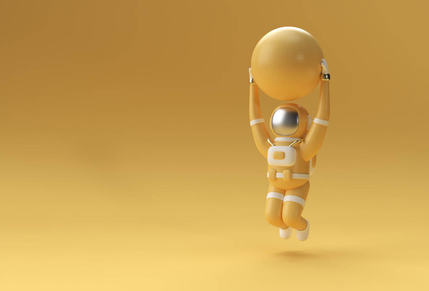 Astronauta salto con bola de estabilidad haciendo ejercicios, 3d representación ilustración.. - Foto, Imagen