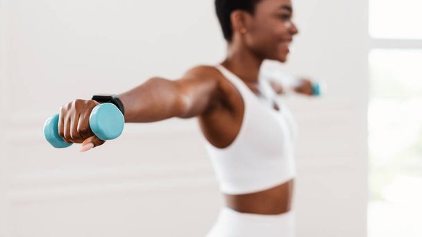 Sporty Black Female Exercising With Two Dumbbells, Banner - Photo, Image