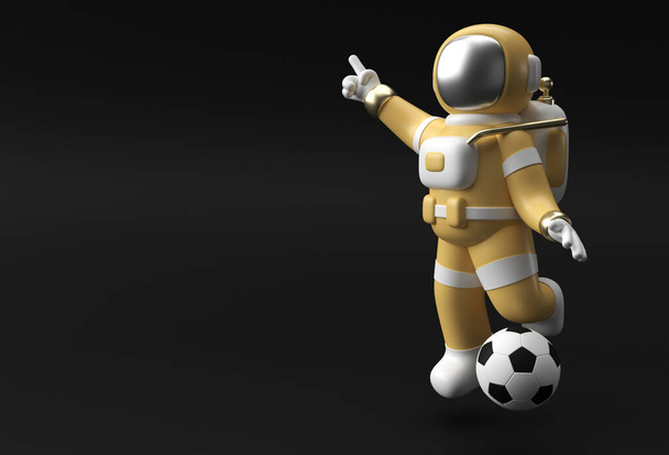 3Dレンダースペースマン宇宙飛行士ハンドポインティングフィンガージェスチャーとサッカー3Dイラストデザイン. - 写真・画像