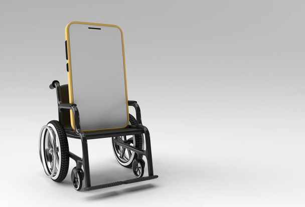 Sedia a rotelle con smartphone vuoto isolato. Illustrazione del rendering 3D. - Foto, immagini