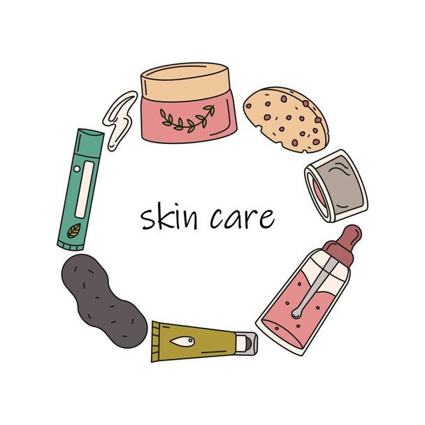 Doodle colored skin care icons including sponge for peeling, face cream, bottle of serum, lip balm, nose mask composed in circle shape, isolated vector illustration on white background - Vector, Image