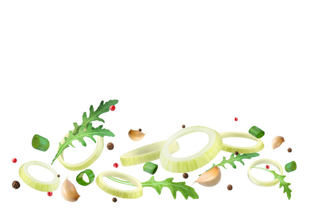 White onion and green onion rings. Garlic and arugula. Vector illustration isolated on white background. - Vektör, Görsel