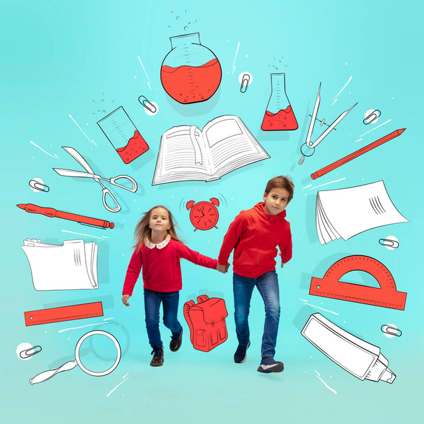 Artwork with happy little children, brother and sister going to school among drawned school supplies, notes, pen, brush on light background. Back to school concept - Фото, зображення
