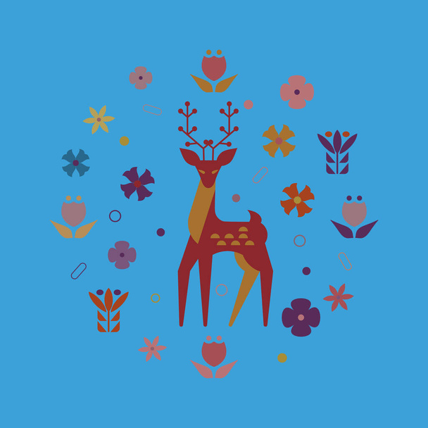 Deer on a floral background. Postcard. Illustration. - Vector, Image