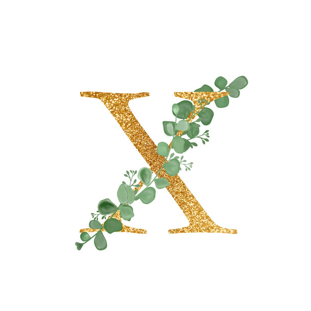 Gold Floral Alphabet letter X with Eucalyptus leaves branch bouquet. A greeting card. Wedding elements. An illustration for printing. Print. Composition with Green Twigs and letter. - Φωτογραφία, εικόνα