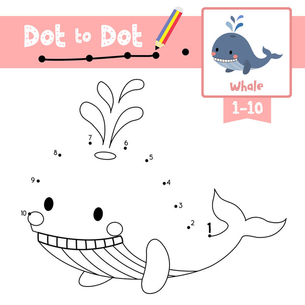 Dot to dot educational game and Coloring book of Blue Whale animals cartoon character for preschool kids activity about learning counting number 1-10 and handwriting practice worksheet. Vector Illustration. - Vector, imagen