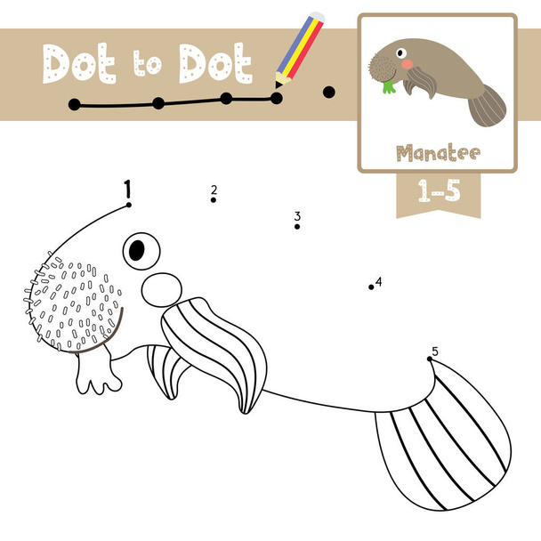 Dot to dot educational game and Coloring book of Manatee animals cartoon character for preschool kids activity about learning counting number 1-5 and handwriting practice worksheet. Vector Illustration. - Vector, imagen