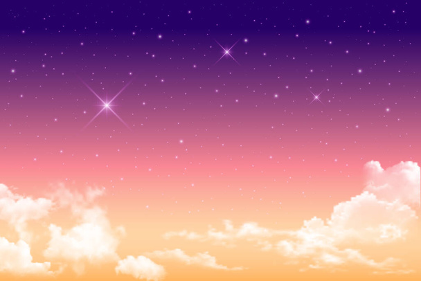 Cielo mágico realista, sol y nubes en suaves colores pastel rosa y azul. Fantástico fondo de cielo brumoso mágico soleado. Amanecer rosa, atardecer. Ilustración vectorial. - Vector, Imagen