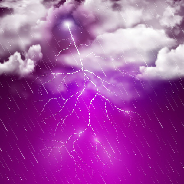 Realistic illustration of autumn purple night thunderstorm with heavy downpour, rain, thunder and lightning flash. Square vector abstract background. - Vector, Image