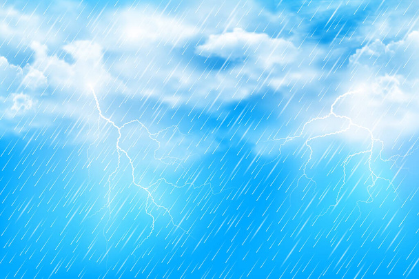 Realistyczna ilustracja letniego deszczu z chmurami i piorunami w godzinach popołudniowych na tle błękitnego nieba. Wektor abstrakcyjne tło. - Wektor, obraz