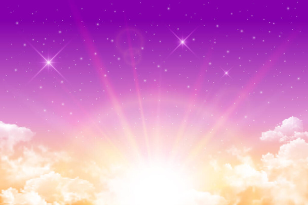 Puesta de sol púrpura mágica realista sobre un fondo de estrellas y nubes blancas. Fondo vectorial de la puesta del sol noche cielo soleado. - Vector, Imagen