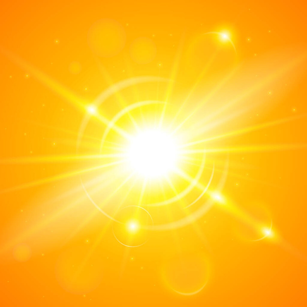 概要晴れ空。現実的なバナーボケ夏の太陽と明るいオレンジ色の空。昼間の日当たりの良い砂漠の空のベクトル背景 - ベクター画像