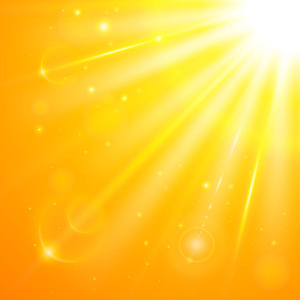 Cielo soleado de verano abstracto. Rayos de sol realistas en la esquina superior derecha en un cielo tropical naranja brillante. Fondo vectorial del cielo soleado del desierto diurno con bokeh. - Vector, imagen