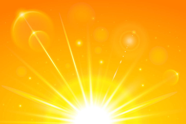 Реалистичное солнце и солнечные лучи на ярко-оранжевом тропическом небе. Абстрактное летнее солнечное небо. Векторный фон дневного солнечного неба пустыни с боке. - Вектор,изображение