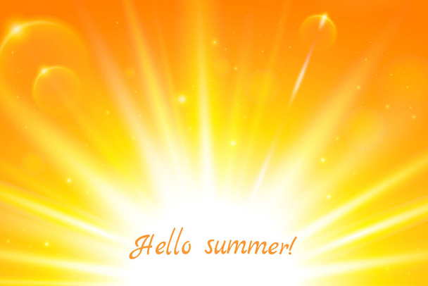 Realistic sun and sunbeams on bright orange tropical sky. Abstract summer sunny sky. Vector background of daytime sunny desert sky with bokeh. - ベクター画像