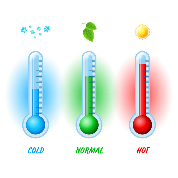 Conjunto de cores isoladas de ícones do termômetro no fundo branco. Infográficos meteorológicos vetoriais. - Vetor, Imagem