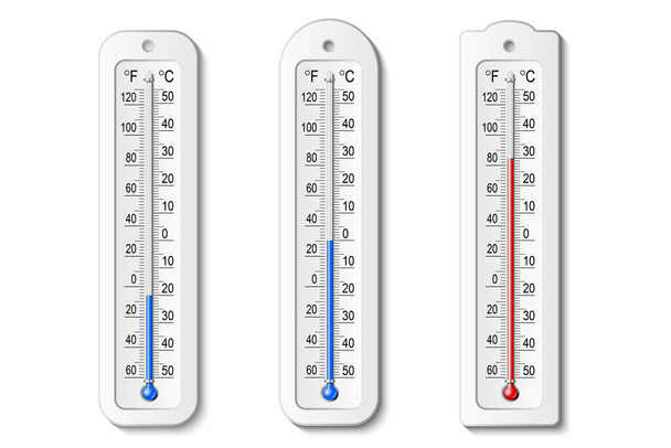 Beyaz arka planda izole edilmiş renkli, gerçekçi termometre simgeleri. Vektör hava bilgileri. - Vektör, Görsel