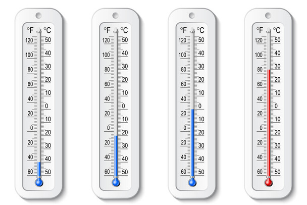 Isolierte farblich realistische Reihe von Thermometer-Symbolen auf weißem Hintergrund. Vektorwetter-Infografik. - Vektor, Bild