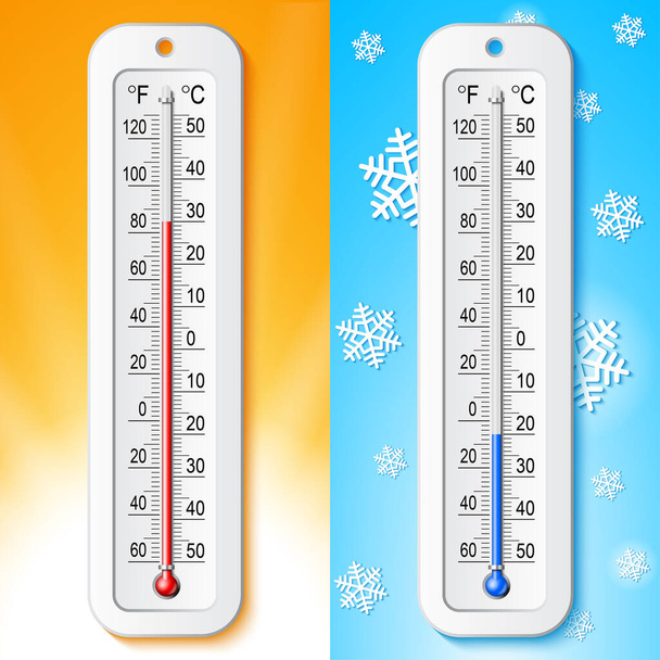 Conjunto de cores realista isolado de ícones de termômetro de verão-inverno. Infográficos meteorológicos vetoriais. - Vetor, Imagem