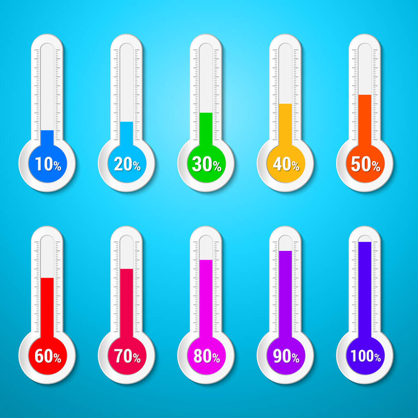Isolated color percentage level meter. Thermometer. Vector weather infographics. - Vector, Image
