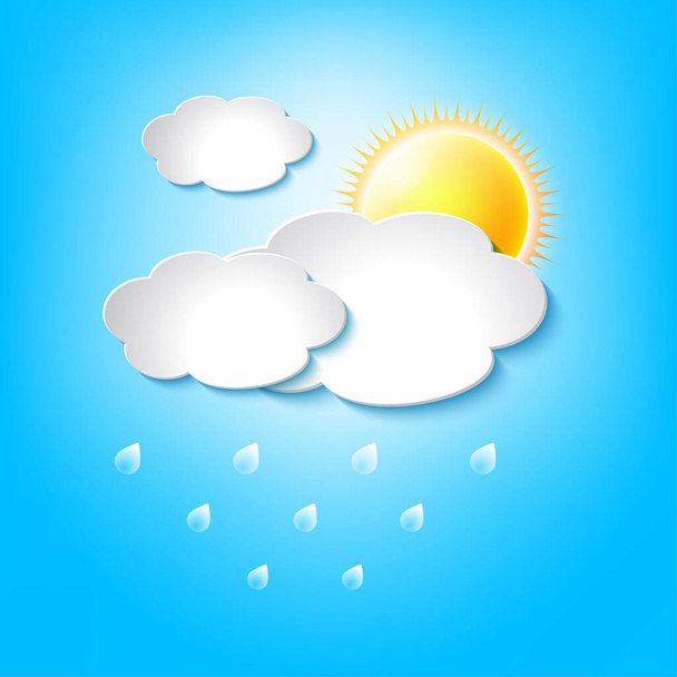 Vereinzelte Farbsymbole von Sonne und Wolken mit Regen am blauen Himmel. Vektor abstrakter Hintergrund. - Vektor, Bild