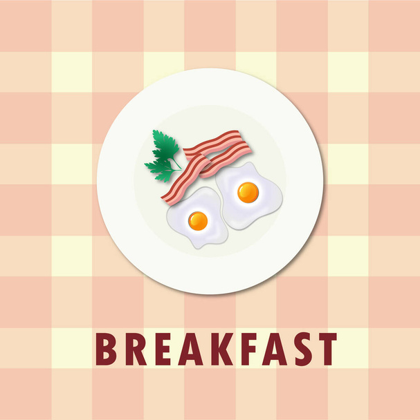 Plate with two fried eggs, parsley, herbs, fried bacon. Breakfast. Plate on red checkered tablecloth. Food. - Vektor, obrázek