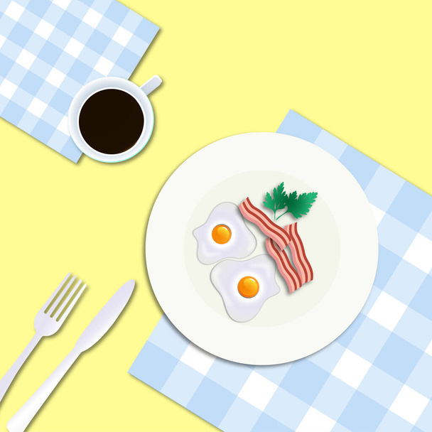 Breakfast. Plate with two fried eggs, parsley, herbs, fried bacon. Fork, knife. Cup of coffee, tea. The plate on the tablecloth in blue squares. Food - ベクター画像