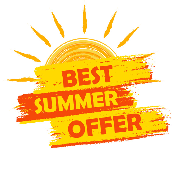 Best summer offer with sun sign, yellow and orange drawn label - Photo, Image