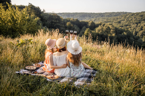 Back view of three young female friends having fun, drink red wine, and enjoy summer picnic. - Φωτογραφία, εικόνα