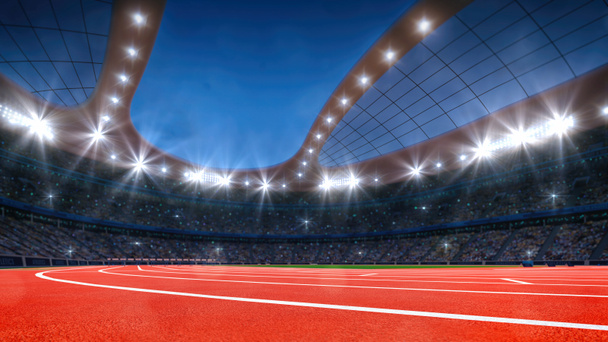 Великолепный спортивный стадион полон болельщиков и видом на пустую беговую дорожку. Профессиональная цифровая 3D иллюстрация спорта. - Фото, изображение