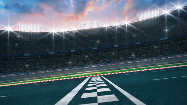 Vista lateral de la pista de carreras de asfalto con ventiladores y reflectores iluminados. Ilustración 3D digital profesional de deportes de carreras. - Foto, imagen