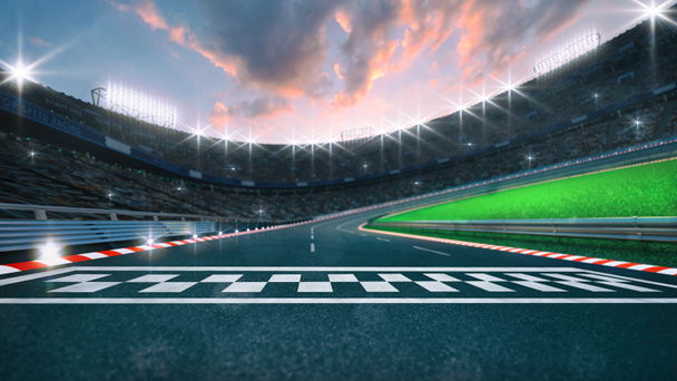 Línea de meta de pista de carreras de asfalto con ventiladores y reflectores iluminados. Ilustración 3D digital profesional de deportes de carreras. - Foto, imagen