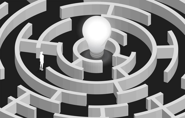 Silhouette von Businessman im Labyrinth findet Weg zur Glühbirne. Konzept zur Problemlösung, Lösungsstrategie und -idee. - Vektor, Bild