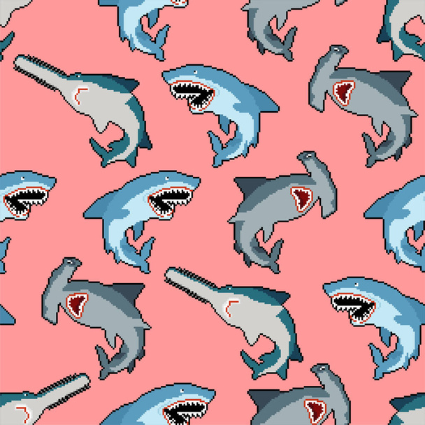 Shark set pixel art pattern seamless. Marine predator collection 8bit background. Hammerhead shark and saw fish texture - ベクター画像