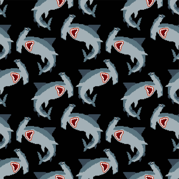Hammerhead shark pixel art pattern seamless. 8 bit Fish hammer background. marine predator vector texture - ベクター画像