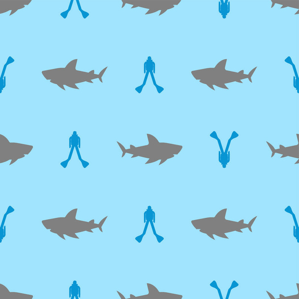 Shark and diver pattern seamless. Hammerhead shark and frogman background. Marine predator texture - ベクター画像