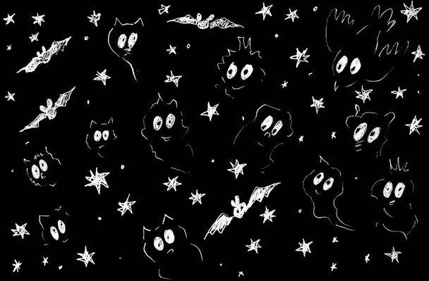  На черном фоне белые глаза невидимых существ, звезд и летучих мышей. - Фото, изображение